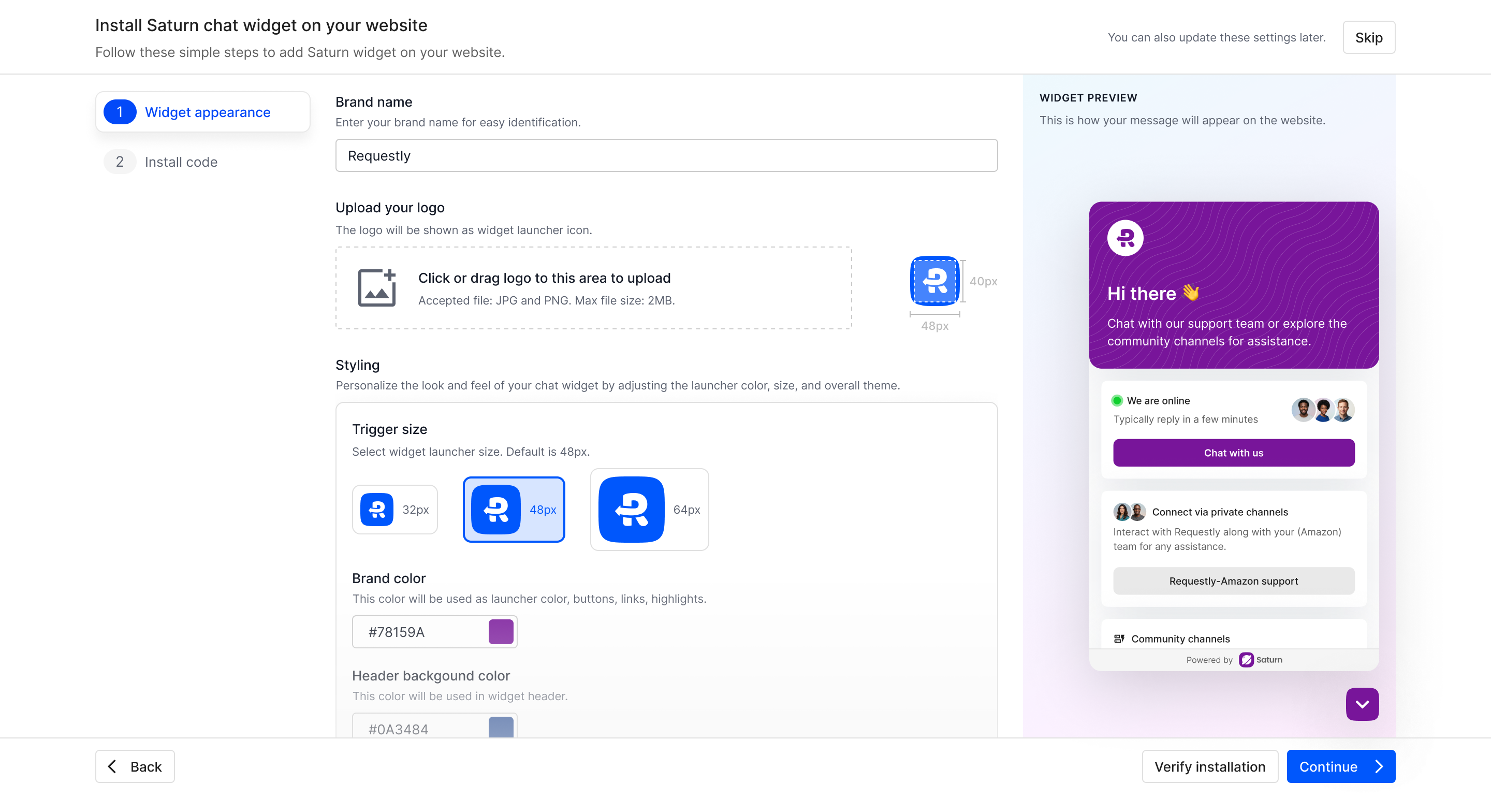 Widget setup preview with a purple brand colour